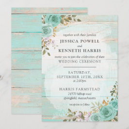  turquoise rustieke houten bloemenbruiloft Rozen Kaart