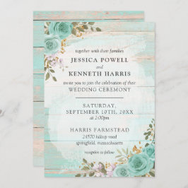 turquoise rustieke houten bloemenbruiloft Rozen Kaart