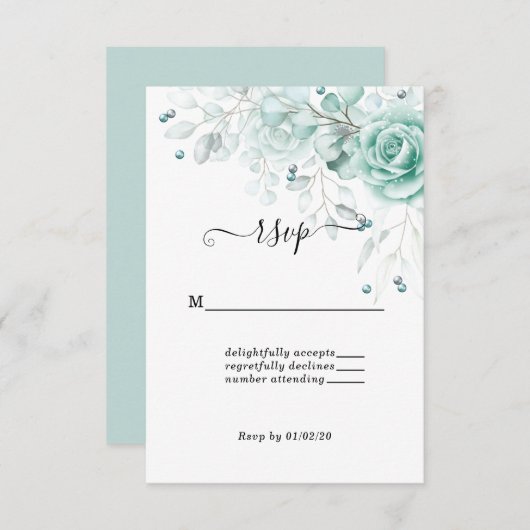 Turquoise sage greens Floral Wedding RSVP Kaartje (Voorkant / Achterkant)