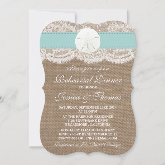Turquoise Sand Dollar Wedding Rehearsal Dinner Kaart (Voorkant)