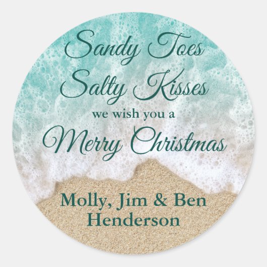 Turquoise Sandy Toes Salty Kisses Merry Kerstmis Ronde Sticker (Voorkant)