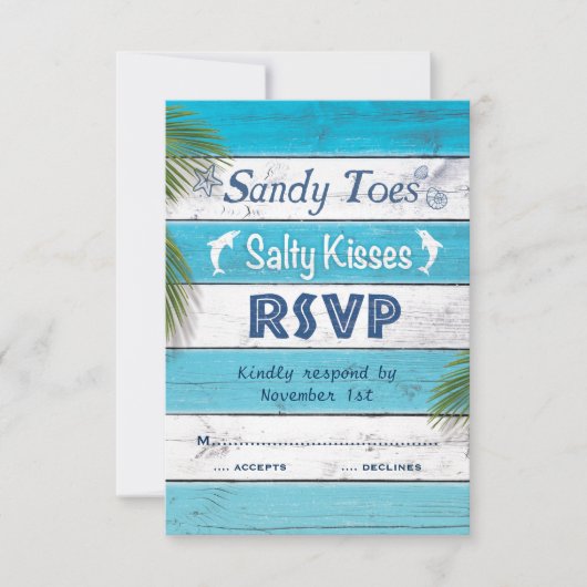 Turquoise Sandy Toes Salty Kisses RSVP Kaartje (Voorkant)