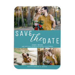 Turquoise Save the Date Huwelijk 3 foto's Magneet