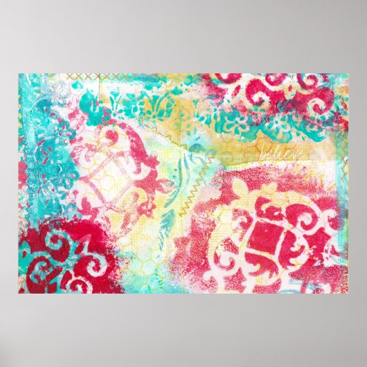 Turquoise & Scarlet Mixed Media Schilderen met Wor Poster (Voorkant)