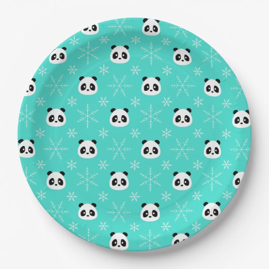 Turquoise - Schattigee panda's met sneeuwvlokken Papieren Bordje (Voorkant)