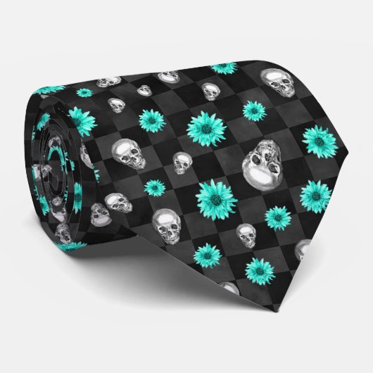 Turquoise Schedels en Zonnebloem Serie Design 7 Stropdas (Opgerold)