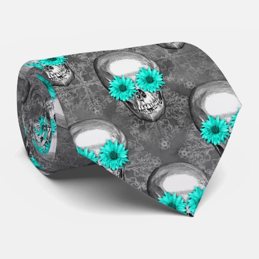 Turquoise Schedels en Zonnebloem Serie Design 9 Stropdas (Opgerold)
