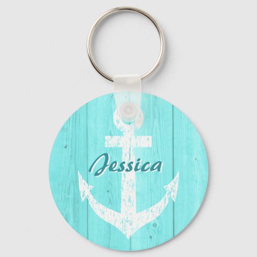 Turquoise scheepsanker sleutelhanger met naam (Voorkant)