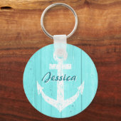 Turquoise scheepsanker sleutelhanger met naam (Voorkant)