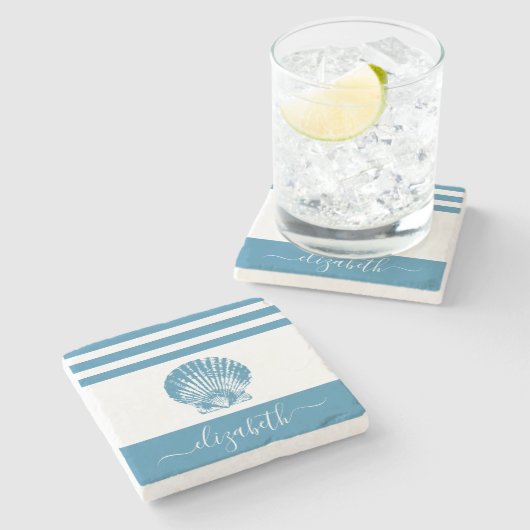 Turquoise schelp strand huis scriptnaam stenen onderzetter (Zijkant)