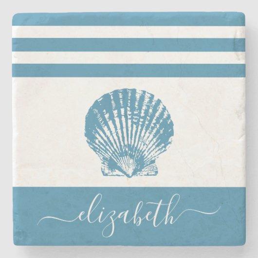 Turquoise  schelp strand huis scriptnaam stenen onderzetter (Voorkant)