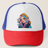 Turquoise schoonheid: Hand-getrokken anime meisje Trucker Pet (Voorkant)