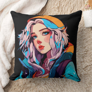 Turquoise Schoonheid: Handgetekend Anime Meisje Kussen