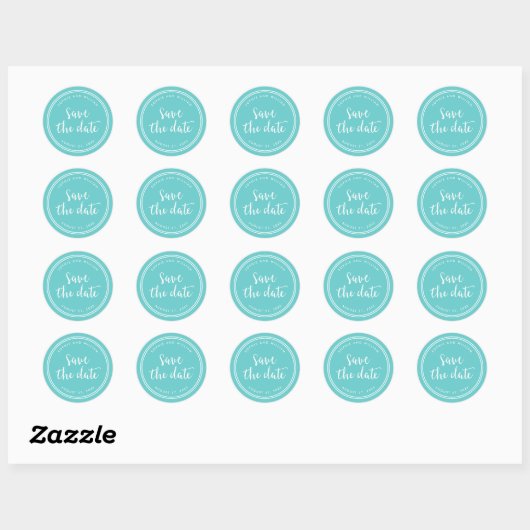 Turquoise Schrift en Witte Strepen Save the Date Ronde Sticker (Vel)
