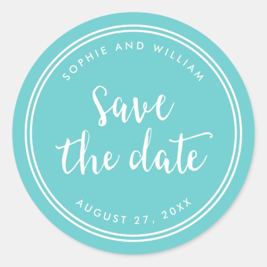 Turquoise Schrift en Witte Strepen Save the Date Ronde Sticker (Voorkant)
