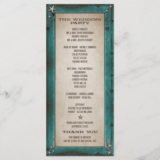 Turquoise Schuur Hout Sterren Westerne Trouwprogra Programmakaart (Achterkant)