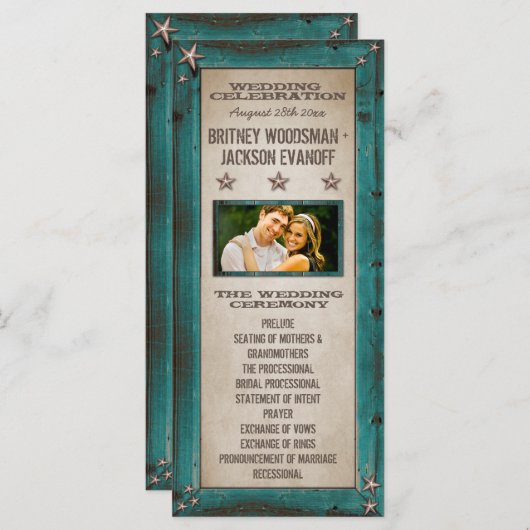 Turquoise Schuur Hout Sterren Westerne Trouwprogra Programmakaart (Voorkant / Achterkant)