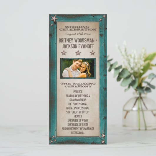 Turquoise Schuur Hout Sterren Westerne Trouwprogra Programmakaart (Staand voorkant)