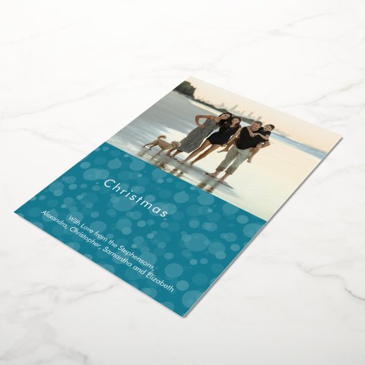 Turquoise Script Bokeh Merry-kerstfoto Folie Feestdagenkaart (Gedraaid)