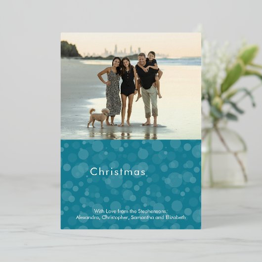 Turquoise Script Bokeh Merry-kerstfoto Folie Feestdagenkaart (Staand Voorkant)