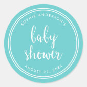 Turquoise Script en White Stripes Baby shower Ronde Sticker (Voorkant)