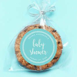 Turquoise Script en White Stripes Baby shower Ronde Sticker