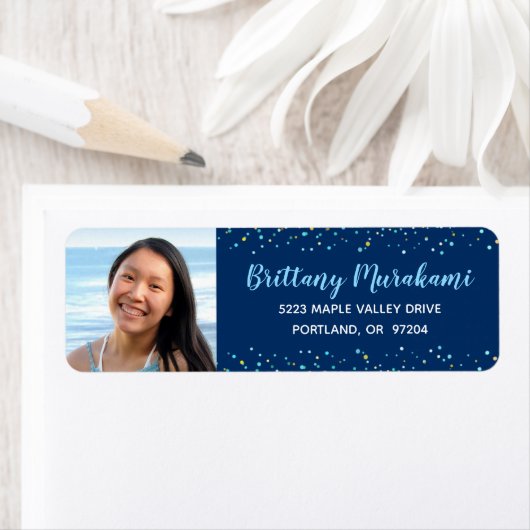 Turquoise script navy afstuderen foto adres etiket (Insitu)