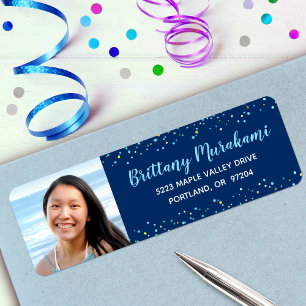 Turquoise script navy afstuderen foto adres etiket