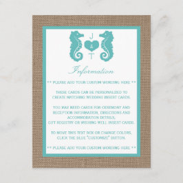 Turquoise Seahors Burlap Beach Wedding Collectie Informatiekaartje