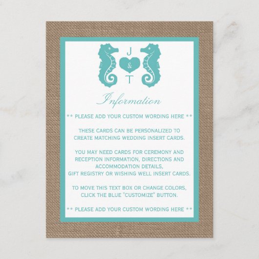Turquoise Seahors Burlap Beach Wedding Collectie Informatiekaartje (Voorkant)