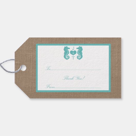 Turquoise Seahorse Burlap Beach Collectie Cadeaulabel (Achterkant Horizontaal)