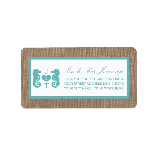 Turquoise Seahorse Burlap Beach Collectie Etiket (Voorkant)