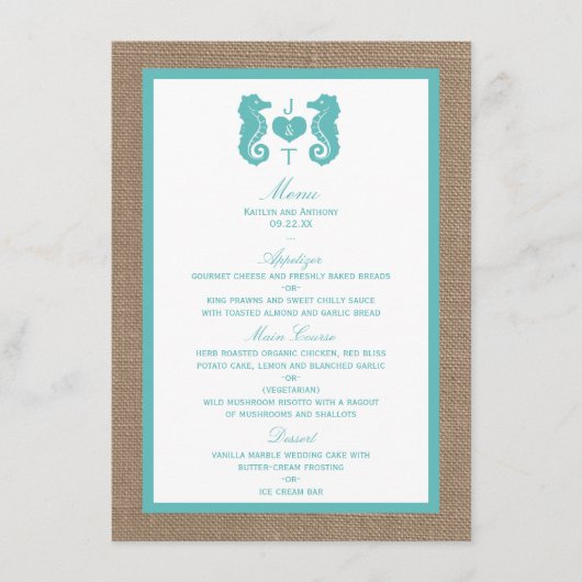 Turquoise Seahorse Burlap Beach Collectie Menu (Voorkant)
