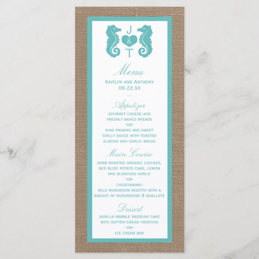 Turquoise Seahorse Burlap Beach Collectie Menu (Voorkant)