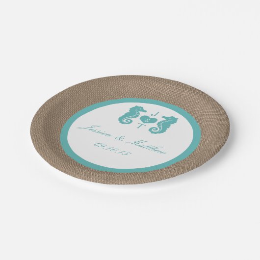 Turquoise Seahorse Burlap Beach Collectie Papieren Bordje (Gekanteld)