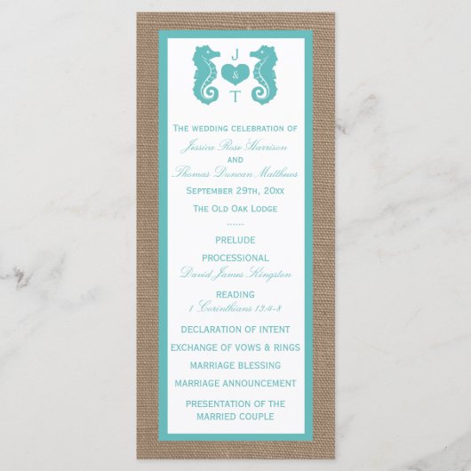Turquoise Seahorse Burlap Beach Collectie Programmakaart (Voorkant)