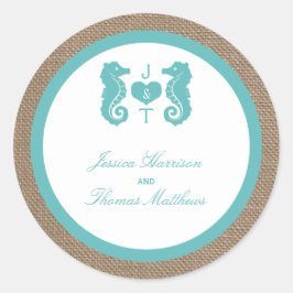 Turquoise Seahorse Burlap Beach Collectie Ronde Sticker