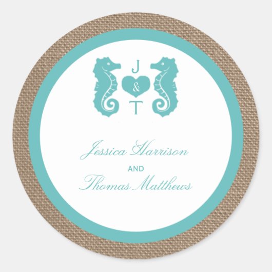 Turquoise Seahorse Burlap Beach Collectie Ronde Sticker (Voorkant)