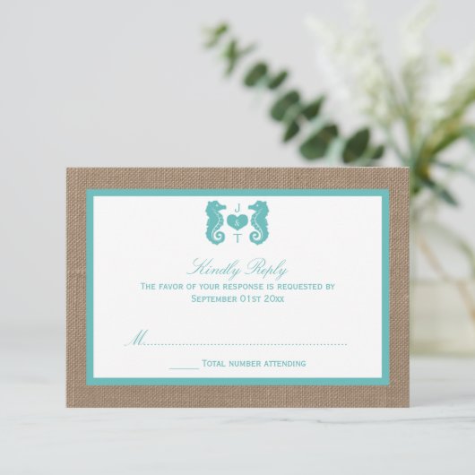 Turquoise Seahorse Burlap Beach Collectie RSVP Kaartje (Staand voorkant)