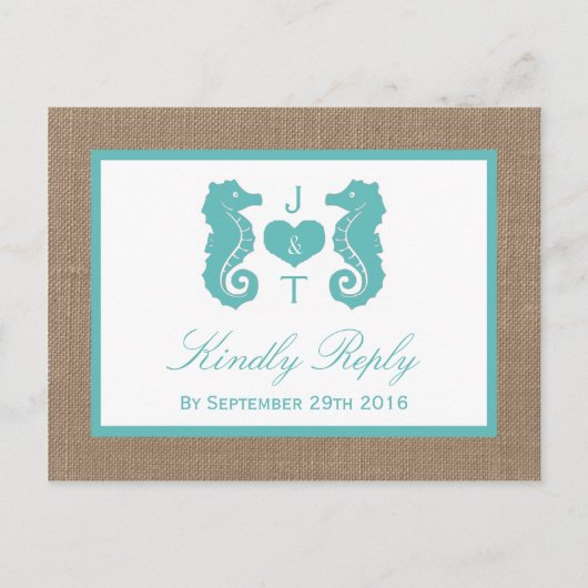 Turquoise Seahorse Burlap Beach Collectie Uitnodiging Briefkaart (Voorkant)