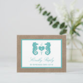 Turquoise Seahorse Burlap Beach Collectie Uitnodiging Briefkaart (Staand voorkant)