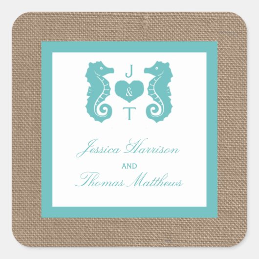 Turquoise Seahorse Burlap Beach Collectie Vierkante Sticker (Voorkant)
