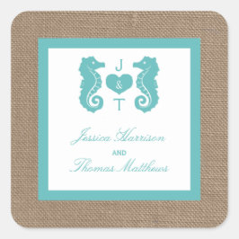 Turquoise Seahorse Burlap Beach Collectie Vierkante Sticker
