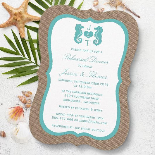 Turquoise Seahorse Burlap Beach repesal Dinner Kaart