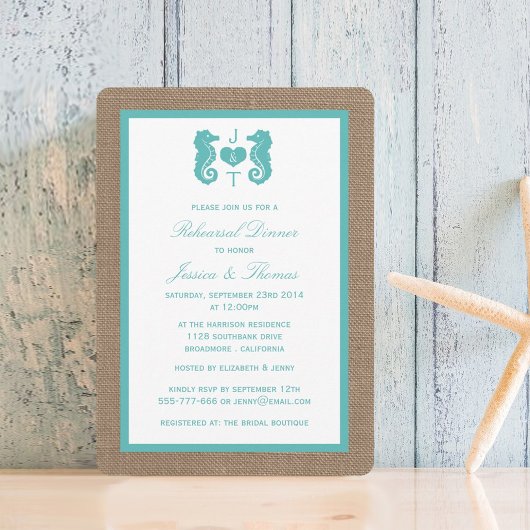 Turquoise Seahorse Burlap Beach repesal Dinner Kaart
