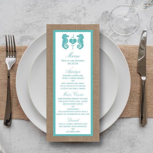 Turquoise Seahorse Burlap Beach Wedding Menu