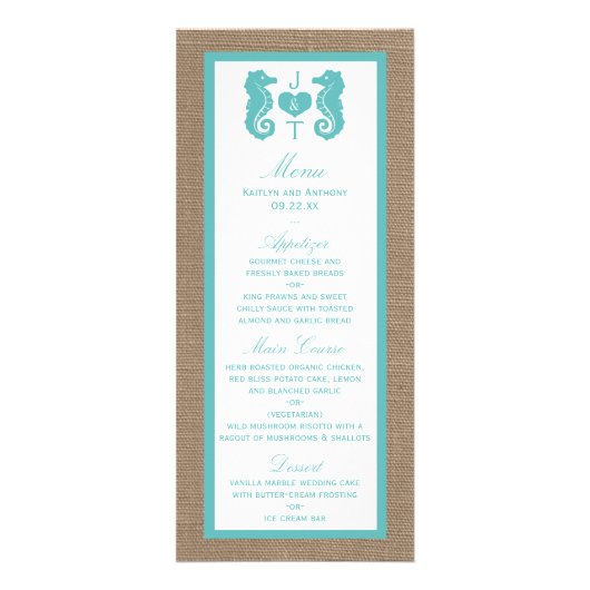Turquoise Seahorse Burlap Beach Wedding Menu (Voorkant)