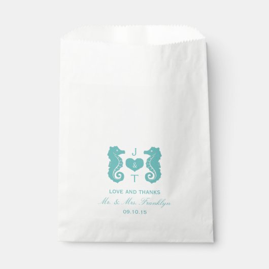 Turquoise Seahorse Monogram Beach Wedding Bedankzakje (Voorkant)