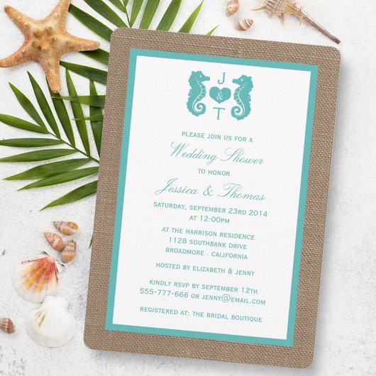 Turquoise Seahorse on Burlap Beach Wedding Shower Kaart