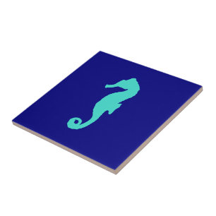 Turquoise Seahorse On Navy Blue Coastal Decor Tegeltje